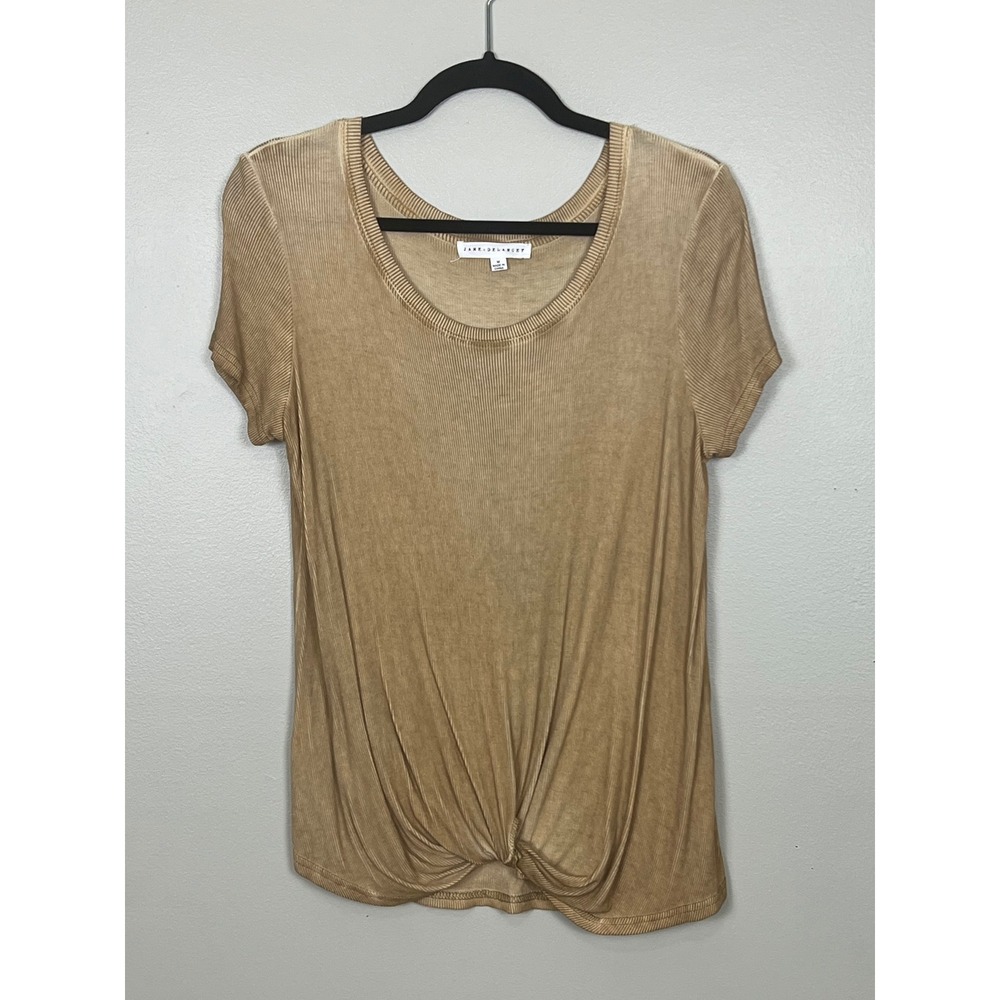 Jane + Delancey Tan Ribbed Front Twist Knot Short Sleeve Scoop Neck Top Medium